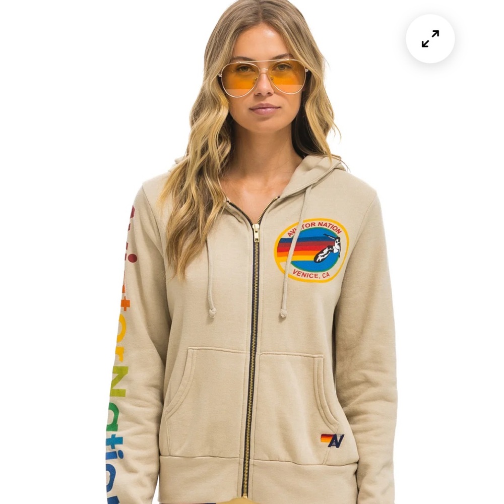 Aviator Nation Tan Hoodie with Rainbow Accents
